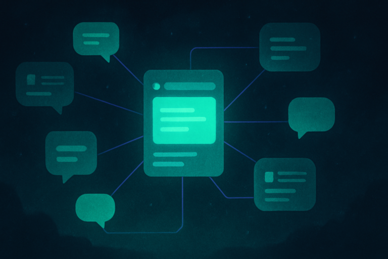 Illustrated network of connected assistant panels representing a personal AI assistant workflow
