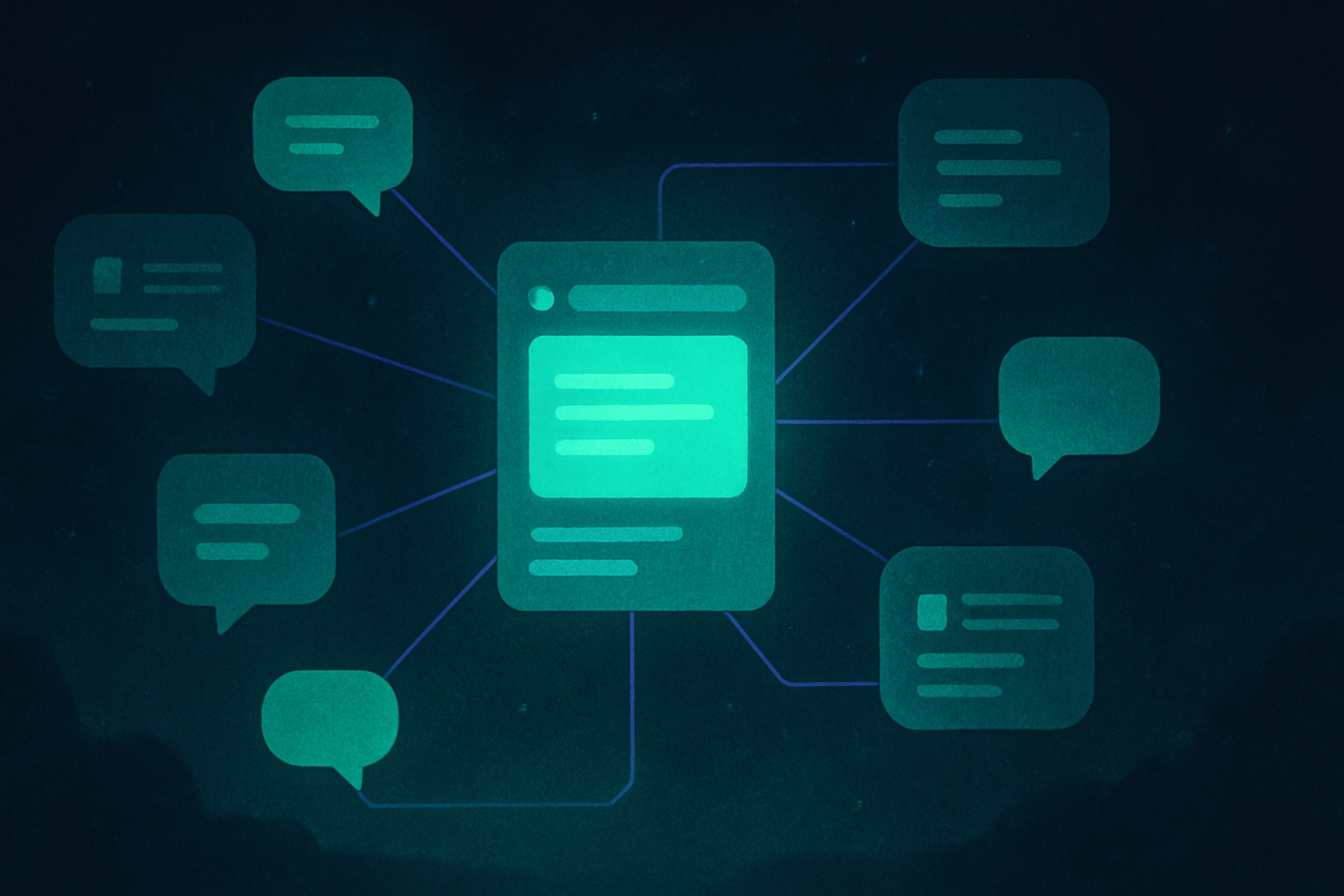 Illustrated network of connected assistant panels representing a personal AI assistant workflow