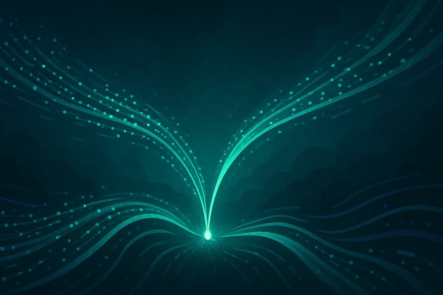 Abstract flowing data particles converging into one point, representing an AI assistant organizing scattered tasks