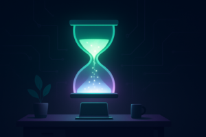 Glowing hourglass timer with light-particle sand on a minimalist desk, representing a focus timer session