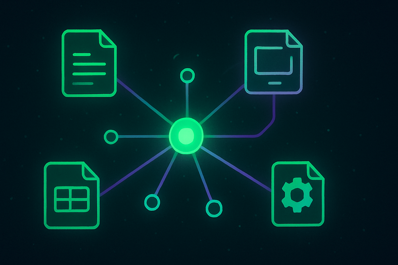 Connected network of glowing file-shaped nodes converging on a hub, representing a small library of automation skills