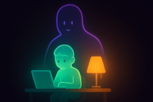 A frozen figure at a desk with a larger translucent outline around them, representing task paralysis inside broader executive dysfunction