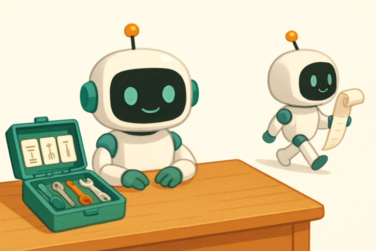 Illustration comparing Claude skills vs agents, a toolbox of instructions next to an independent robot assistant