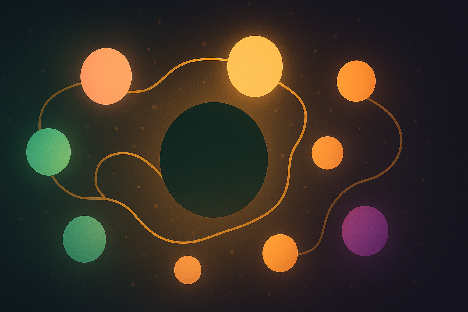 Glowing thread connecting scattered floating orbs around a calm center, representing the many symptoms of executive dysfunction