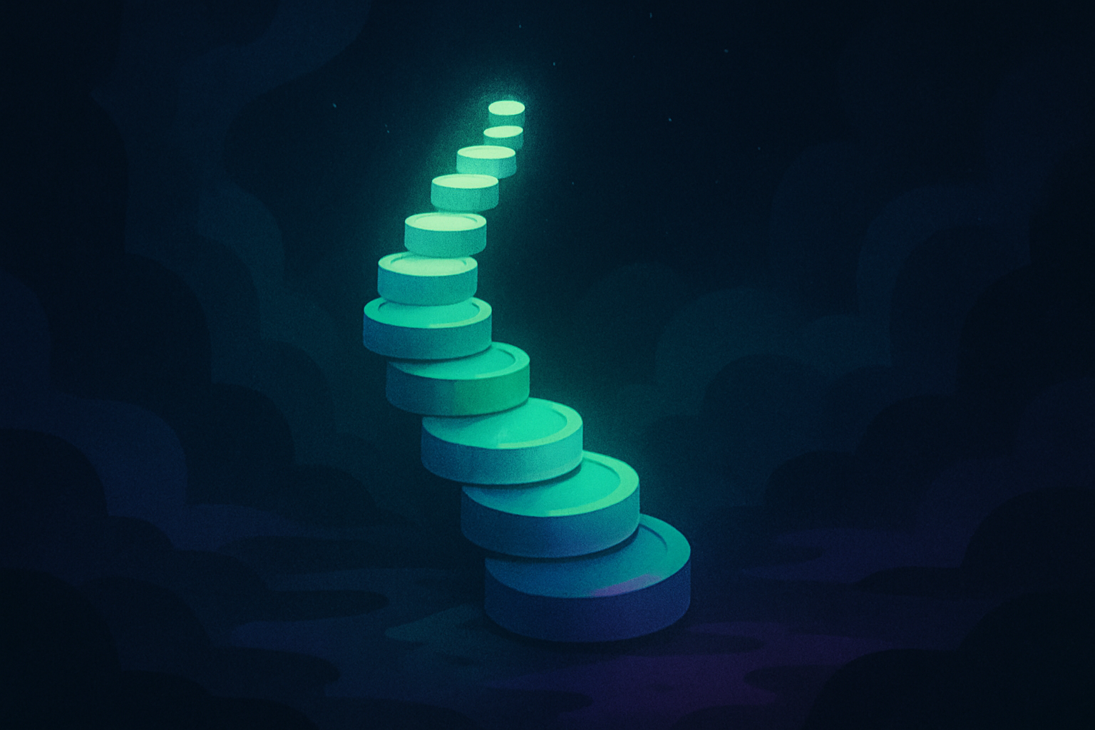 A rising stack of glowing tokens illustrating how AI token cost compounds with every step