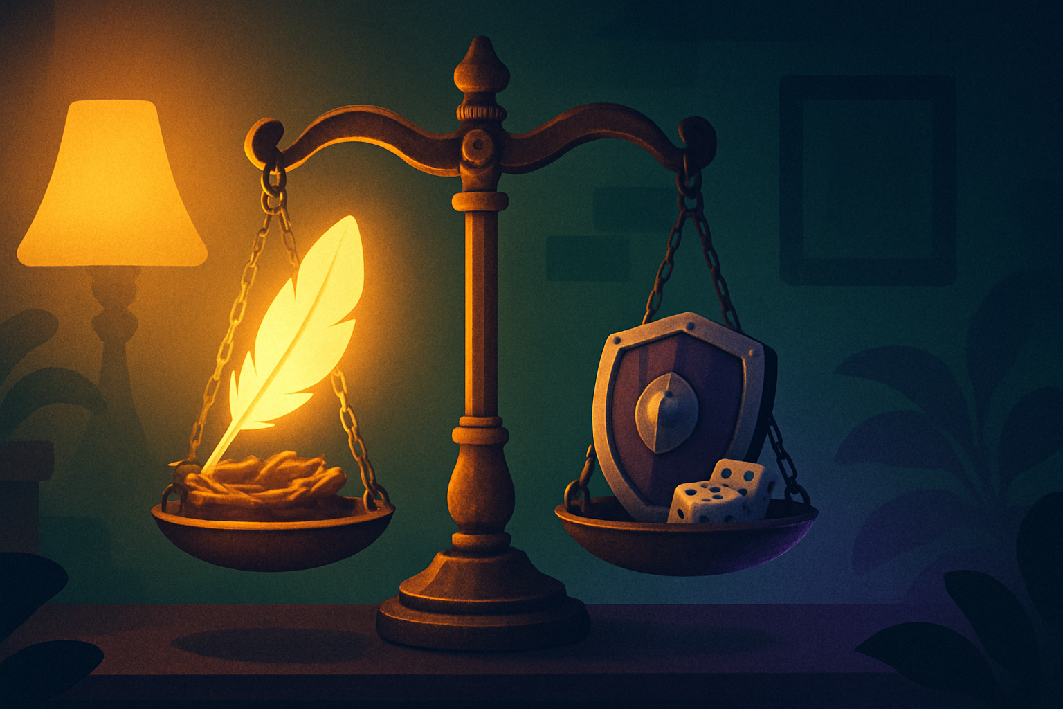Finch vs Habitica choice shown as a glowing feather and an RPG shield on a balance scale