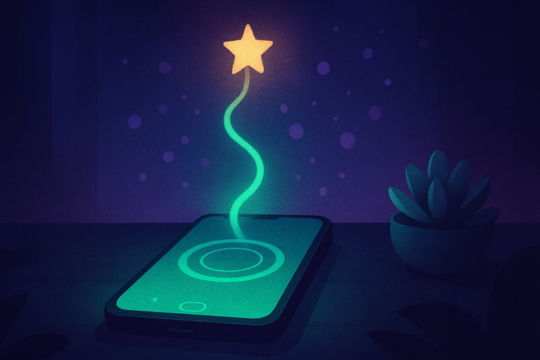 Gamified focus app on a glowing phone turning focused time into an emerald progress path