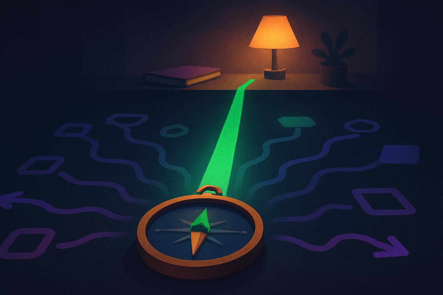 Glowing compass with seven reward paths for choosing a gamified focus app