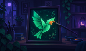 ChatGPT image editing illustration of a brush adding a copper patch to a framed emerald paper bird.