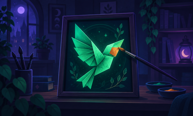 ChatGPT image editing illustration of a brush adding a copper patch to a framed emerald paper bird.