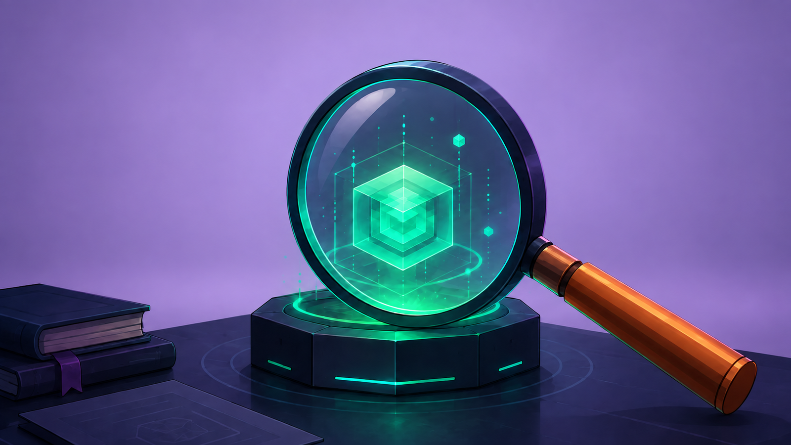 Second browser result with a plain lavender background, copper handle and green cubes, with the foreground books and pedestal still present.