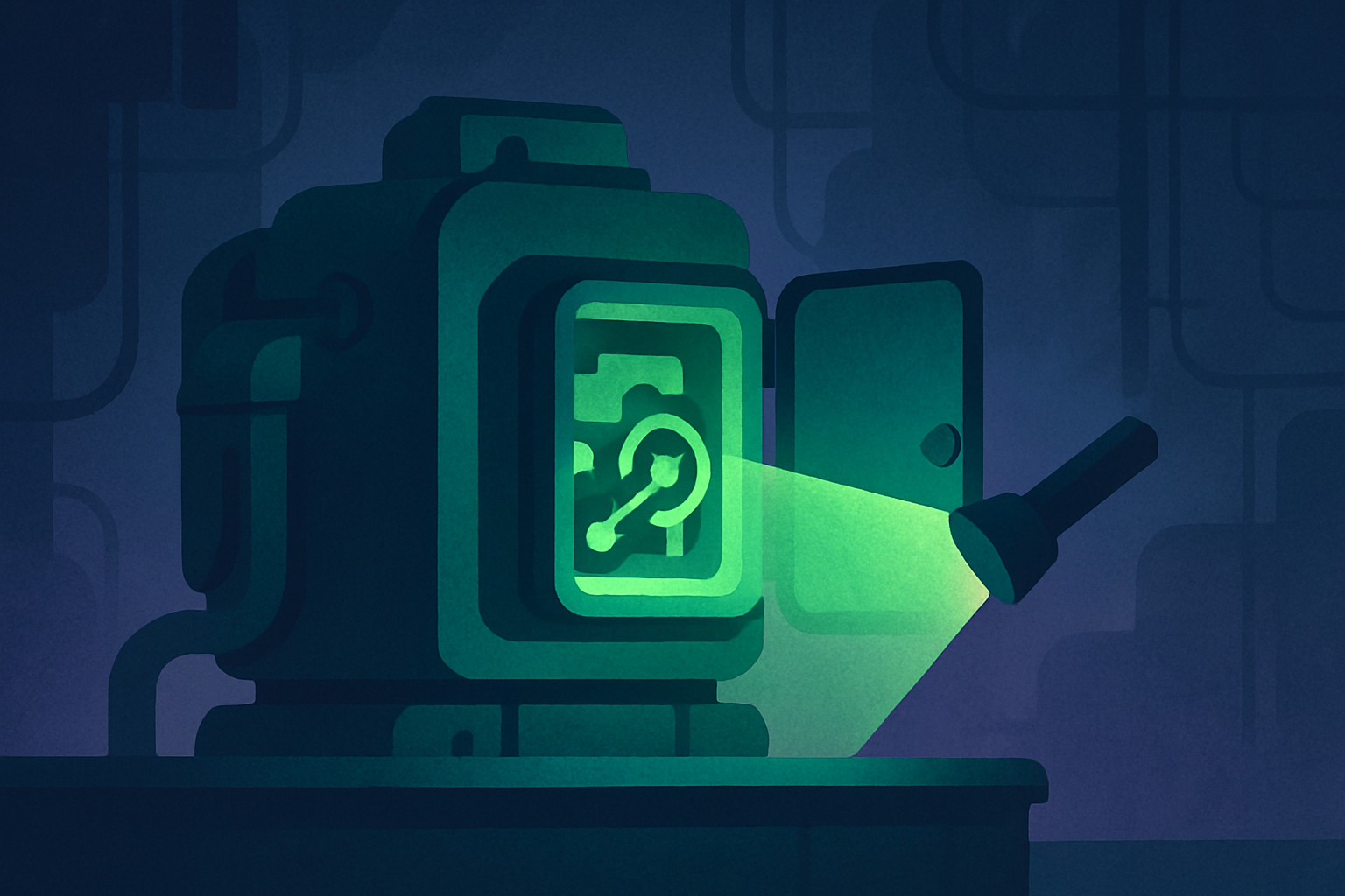 AI slowdown illustration of an emerald engine with an open inspection hatch in a dark room.