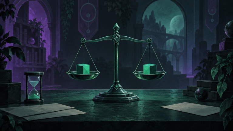 Balance scale and hourglass with emerald blocks, illustrating a fair check of GPT-6 Sol rumors.