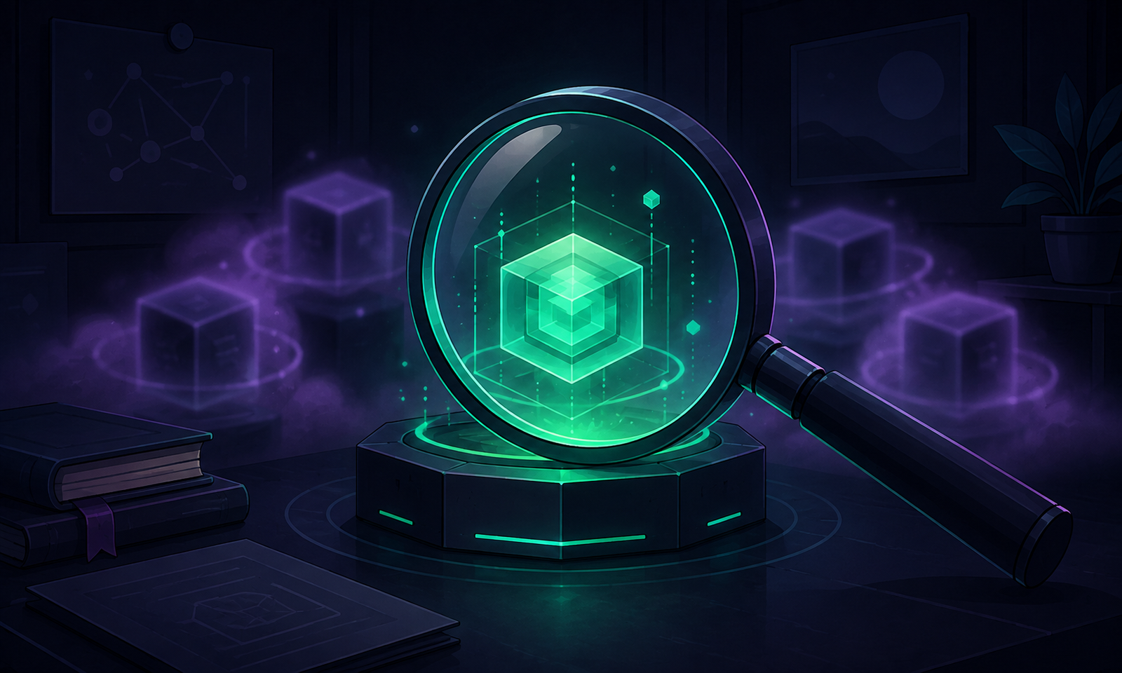 Magnifying glass reveals a glowing green AI core amid purple haze, illustrating scrutiny of GPT-7 rumors.