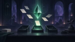Glowing green prism sorting blank cards into three trays in a dark purple room.