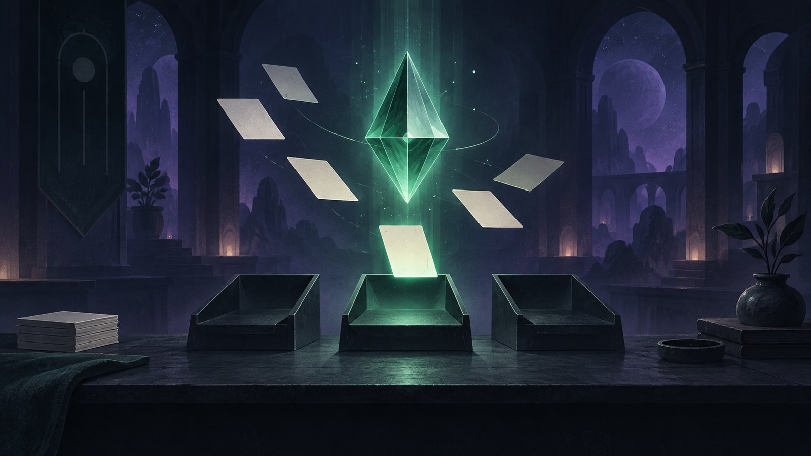Glowing green prism sorting blank cards into three trays in a dark purple room