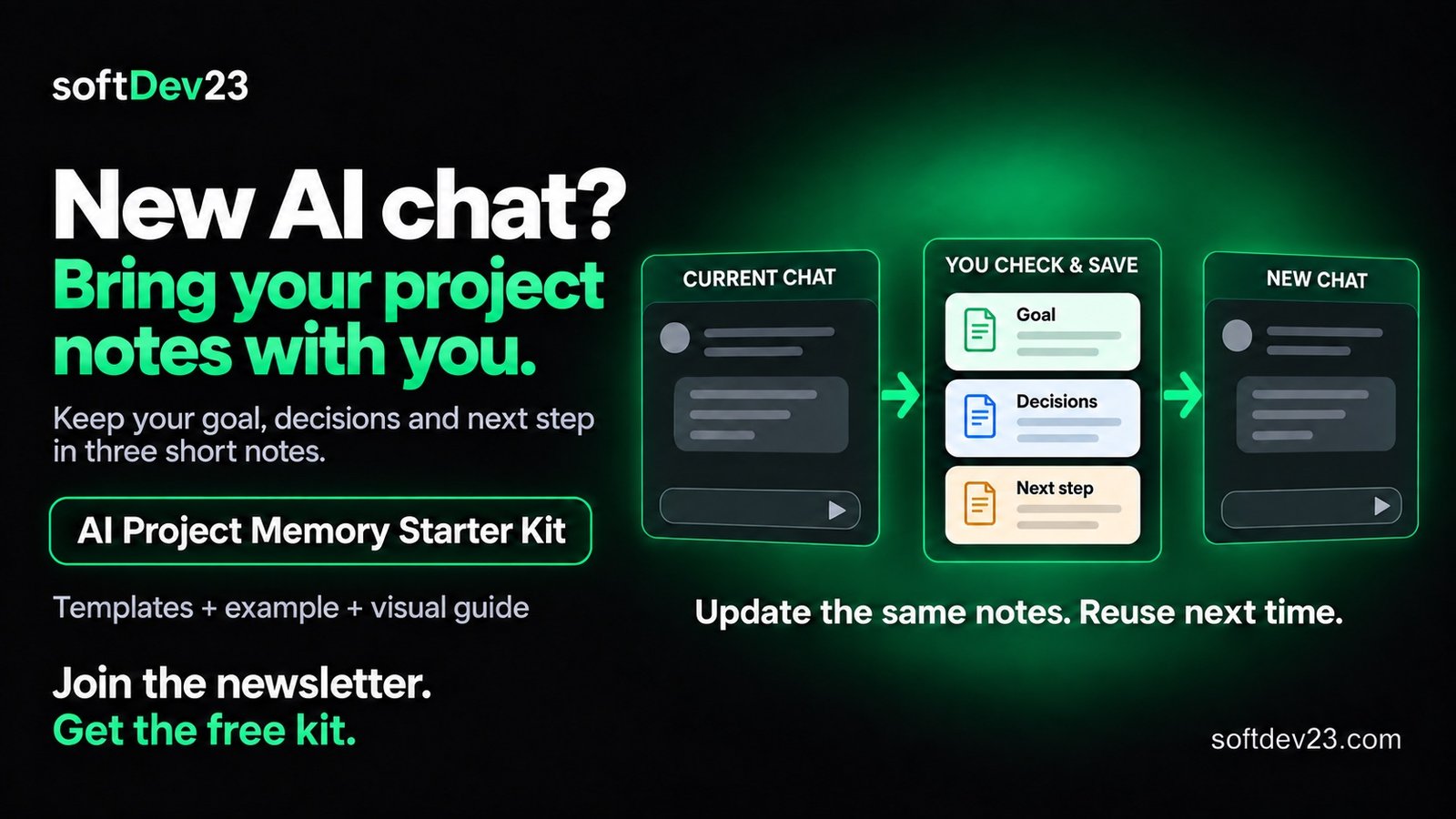 AI Project Memory Starter Kit: keep your goal, decisions and next step in three notes, check and save them, then reuse them in a new chat.