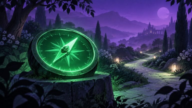 Glowing green compass on a stone pedestal beside a winding garden path under a purple night sky.