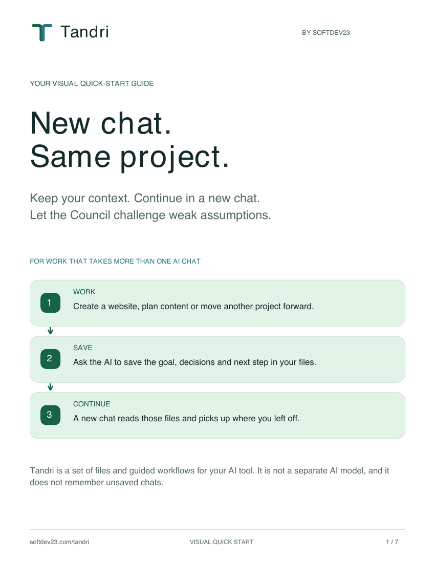 Tandri visual guide cover: New chat. Same project.