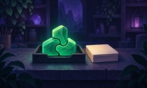 ToolGrad illustration of fitted emerald puzzle pieces beside blank practice cards in a dark workshop.