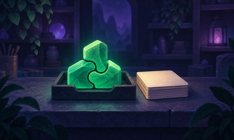 ToolGrad illustration of fitted emerald puzzle pieces beside blank practice cards in a dark workshop.