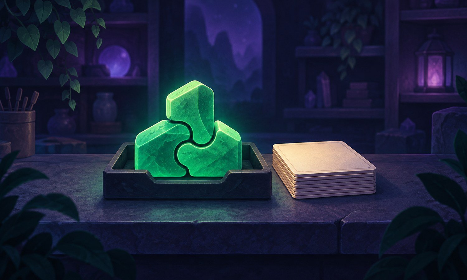 ToolGrad illustration of fitted emerald puzzle pieces beside blank practice cards in a dark workshop.