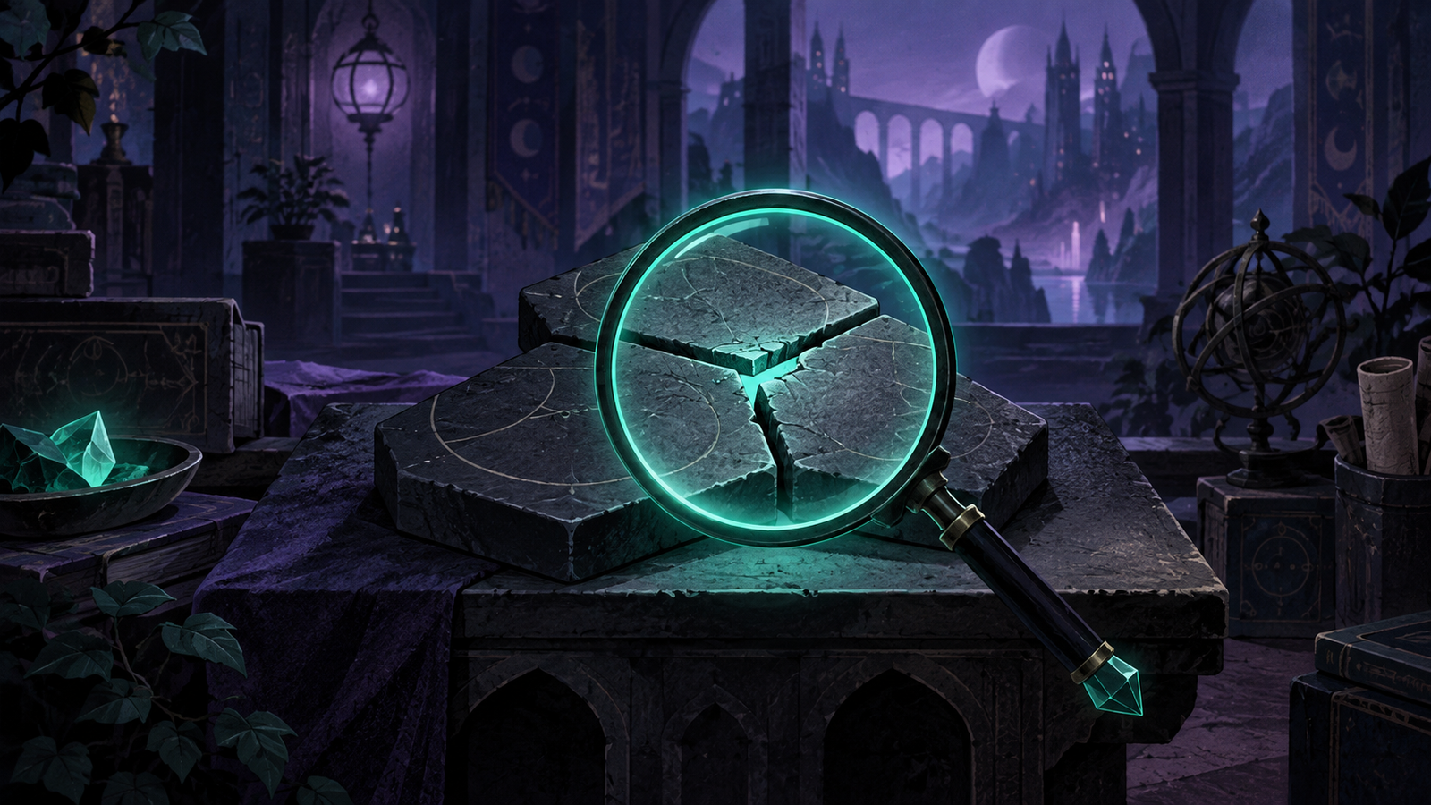 An emerald magnifying glass reveals a broken joint between stone tiles in a dark purple workshop.