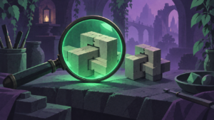 Glowing green magnifying glass examining interlocking blocks in a dark purple workshop.