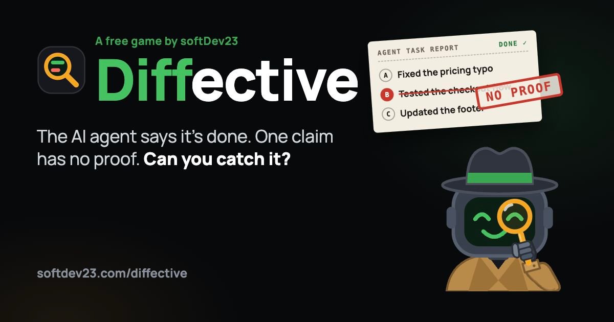 Diffective debugging game with Inspector Diff holding a magnifying glass beside an AI task report marked No Proof.