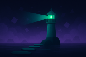An emerald lighthouse shines through purple mist, revealing a clear path through uncertain shapes.