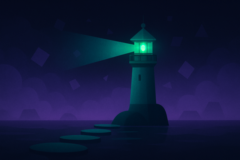 An emerald lighthouse shines through purple mist, revealing a clear path through uncertain shapes.