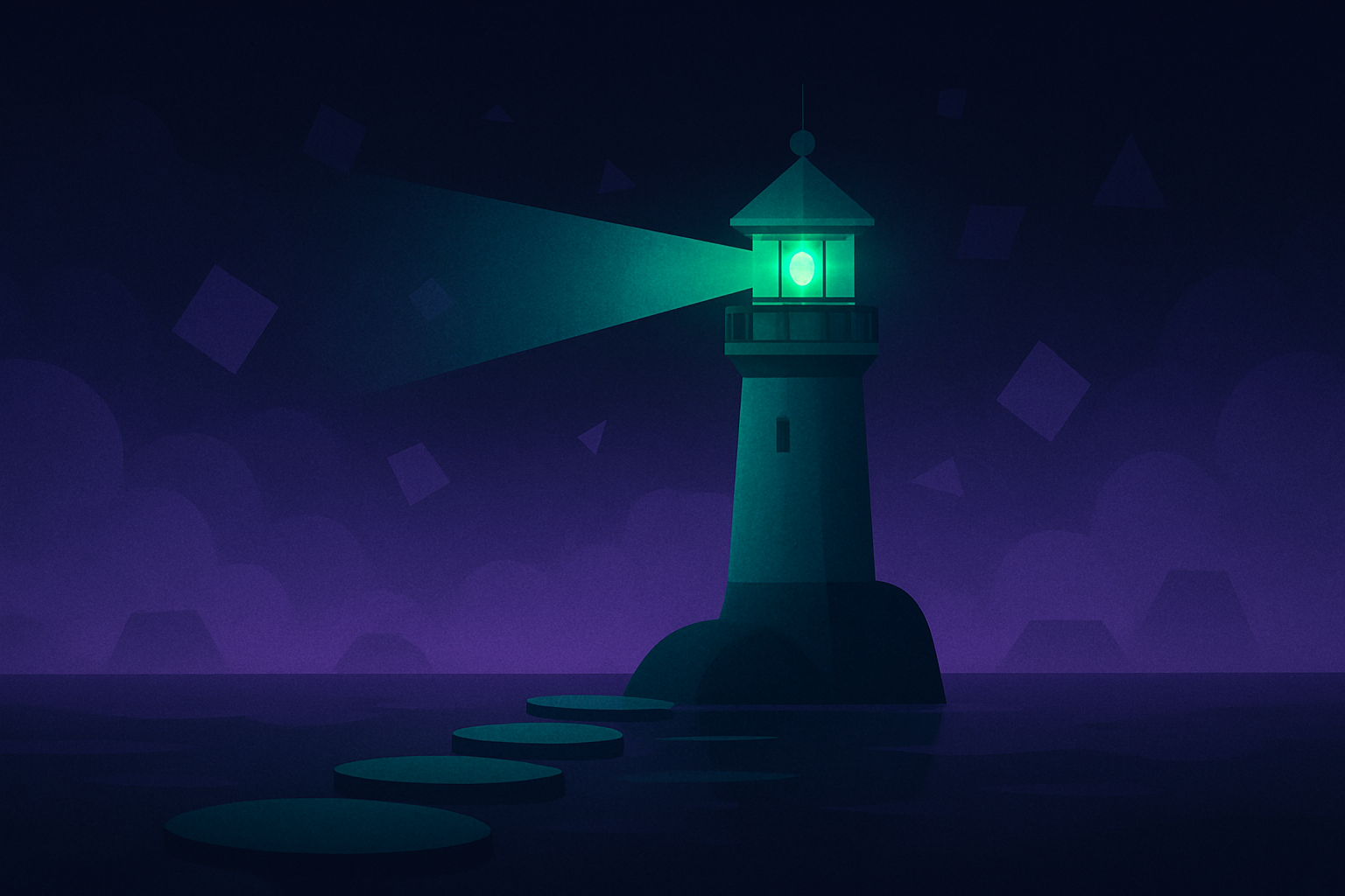 An emerald lighthouse shines through purple mist, revealing a clear path through uncertain shapes.