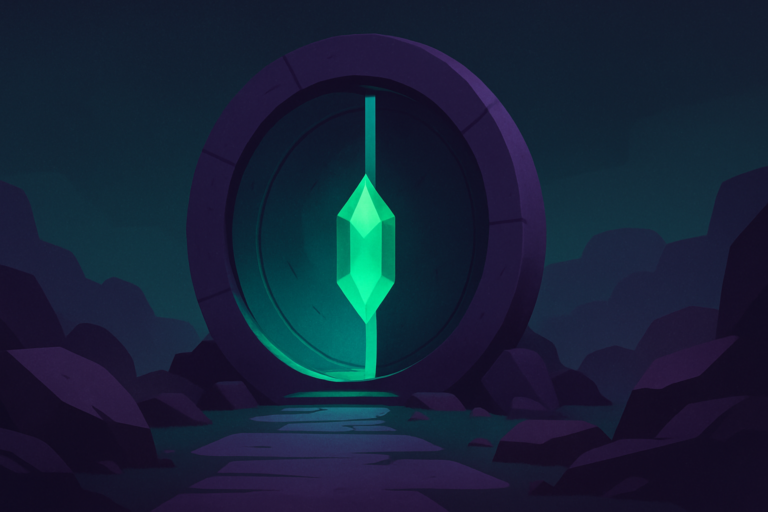 An emerald-lit gateway opening toward a crystal in a dark purple landscape