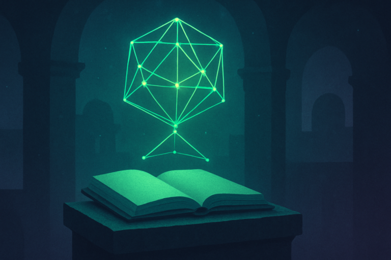 A glowing geometric polyhedron suspended above an open notebook in a dark observatory