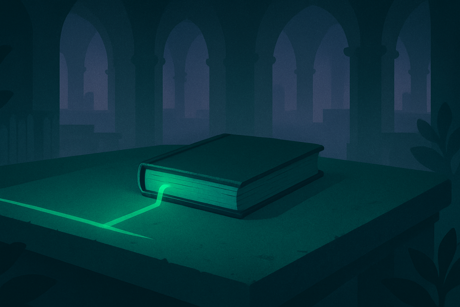 An emerald bookmark glows from a closed journal on a stone table in a dark purple library.