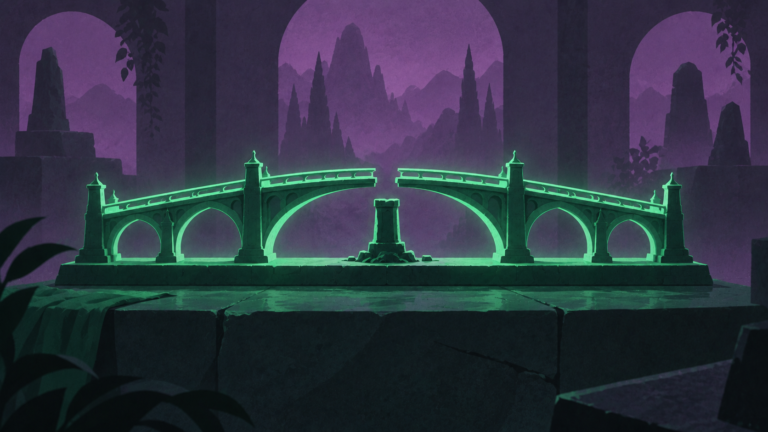Emerald model bridge with an unfinished central join and support in a purple-lit studio.