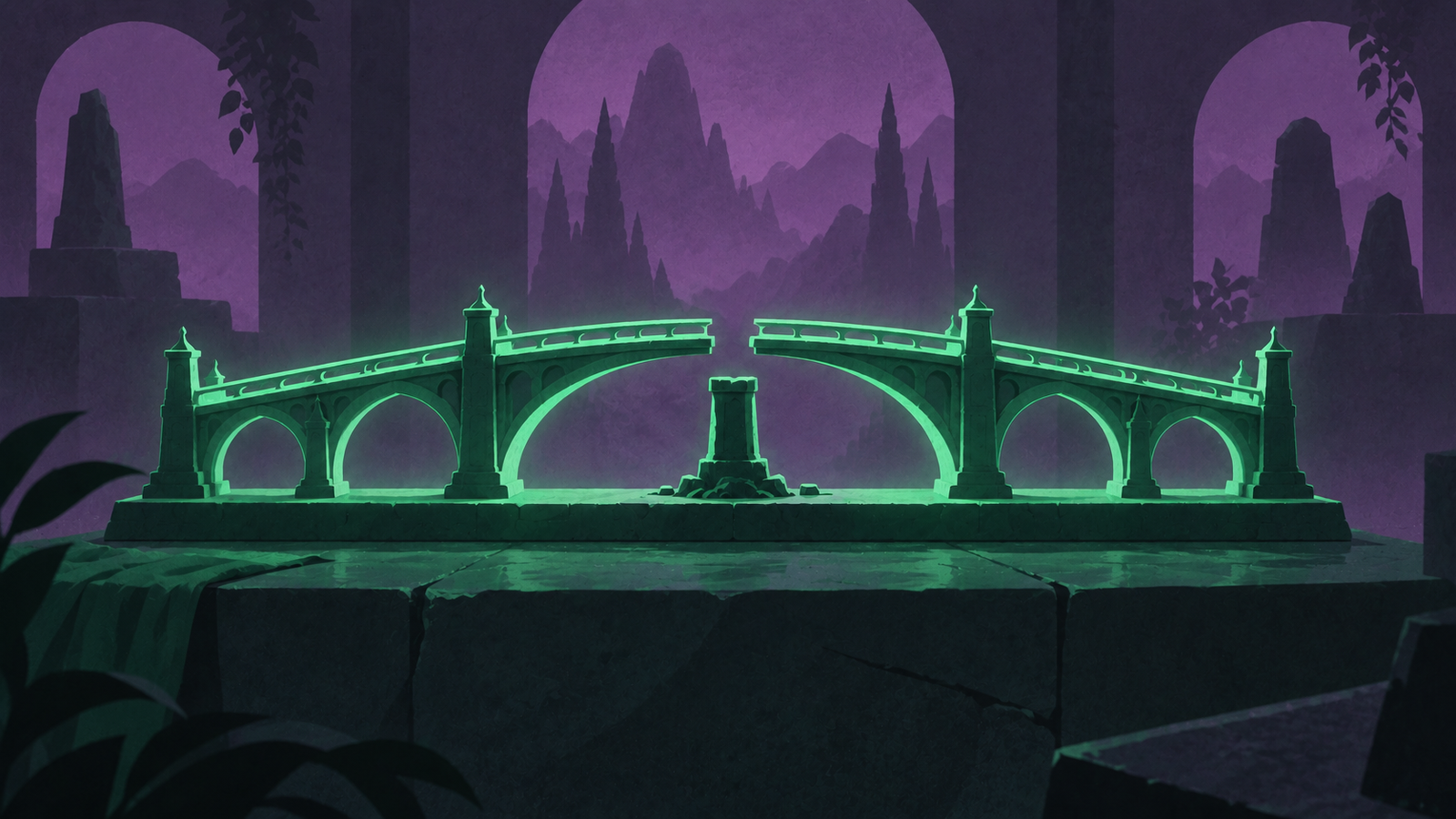 Emerald model bridge with an unfinished central join and support in a purple-lit studio.